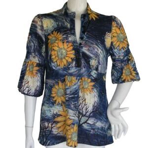 IQ PARIS Top, XL, Artwork, Blue/Yellow Flowers, Mid-sleeves/Bell, Buttons